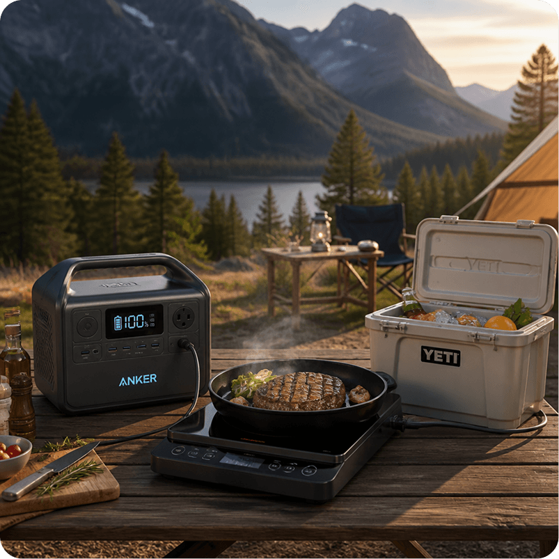 Outdoor cooking and powered camp setup